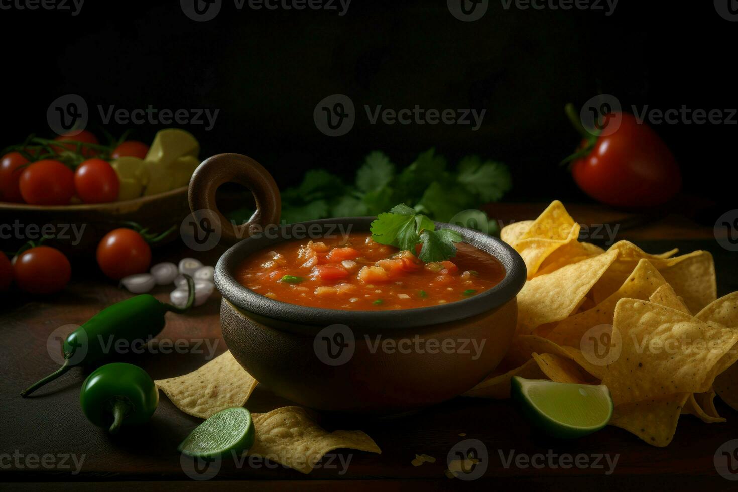 AI generated Salsa seasoning bowl with nachos. Generate ai photo