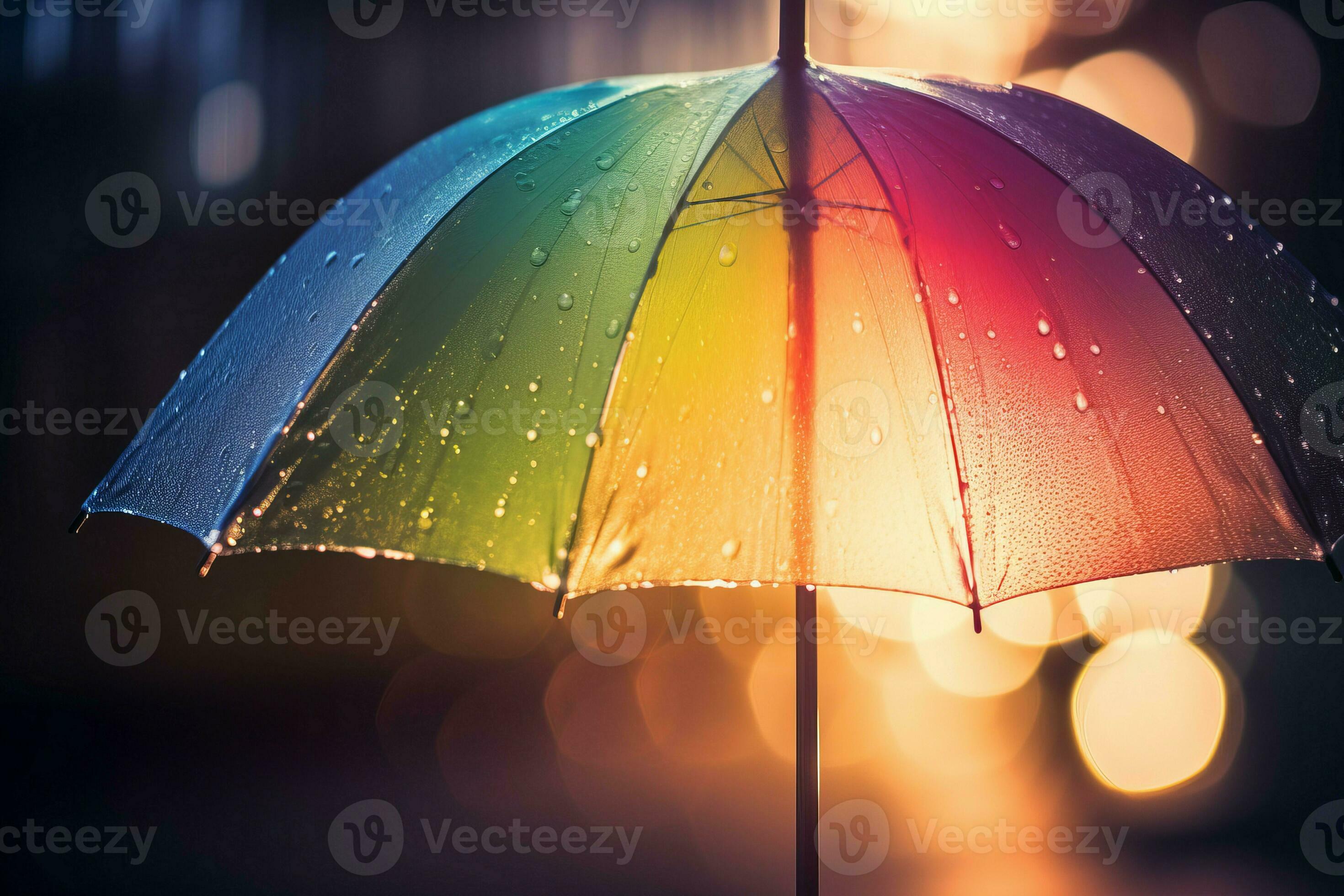 AI generated Rainbow open colorful umbrella with rain droplets