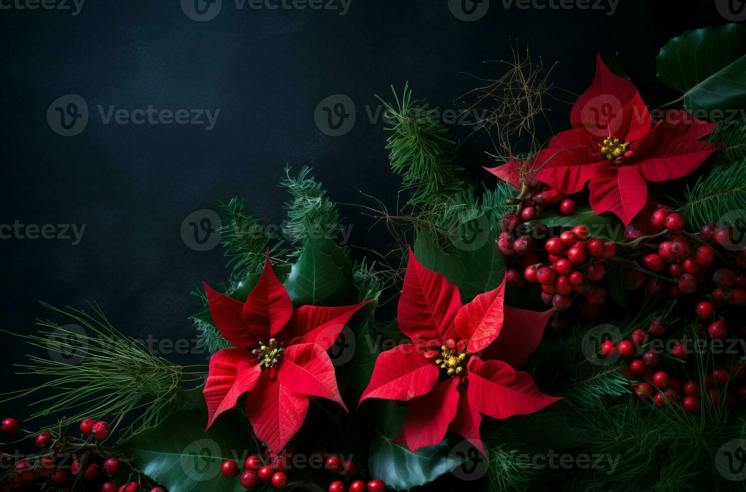 AI generated Red poinsettia flower with winter holy berries. Generate ai photo