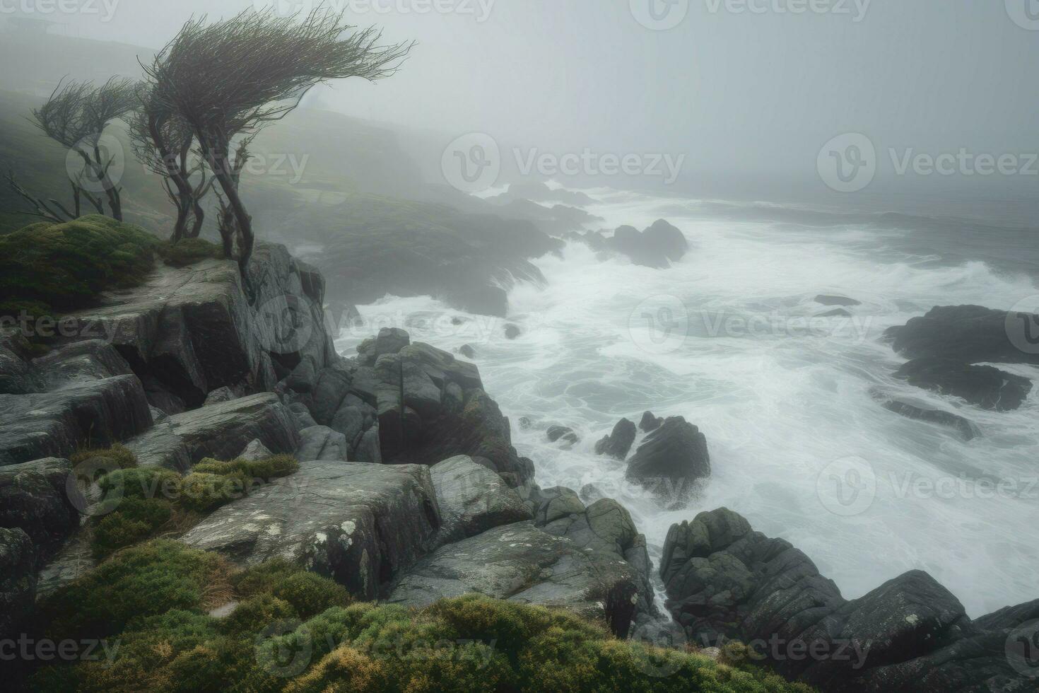 ai generado rocoso montaña frente al mar. generar ai foto