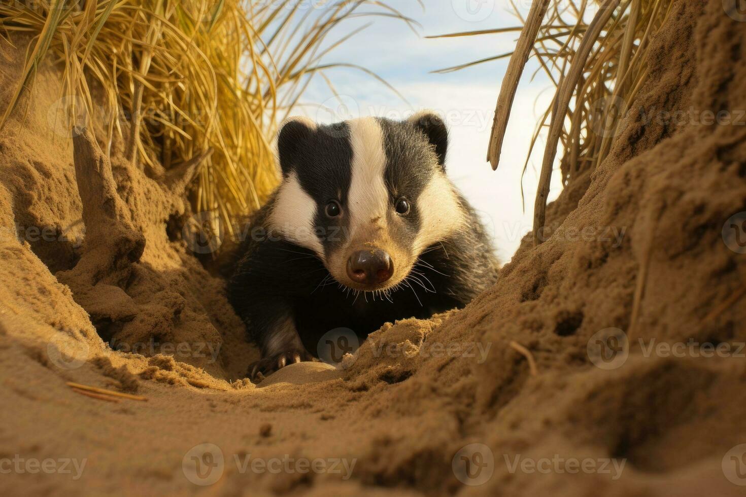 AI generated Shot of badger resting at entrance hole burrow mouth photo