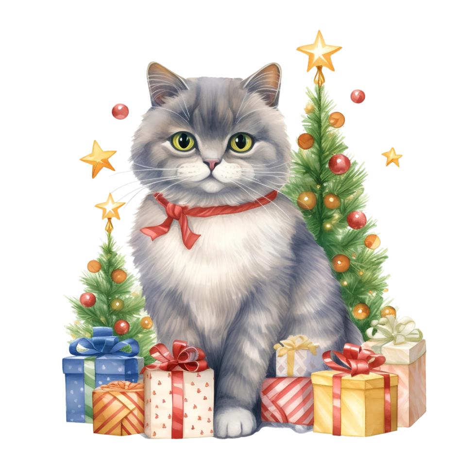 AI generated Watercolor cat with a bow in winter for Christmas festival on transparent background png