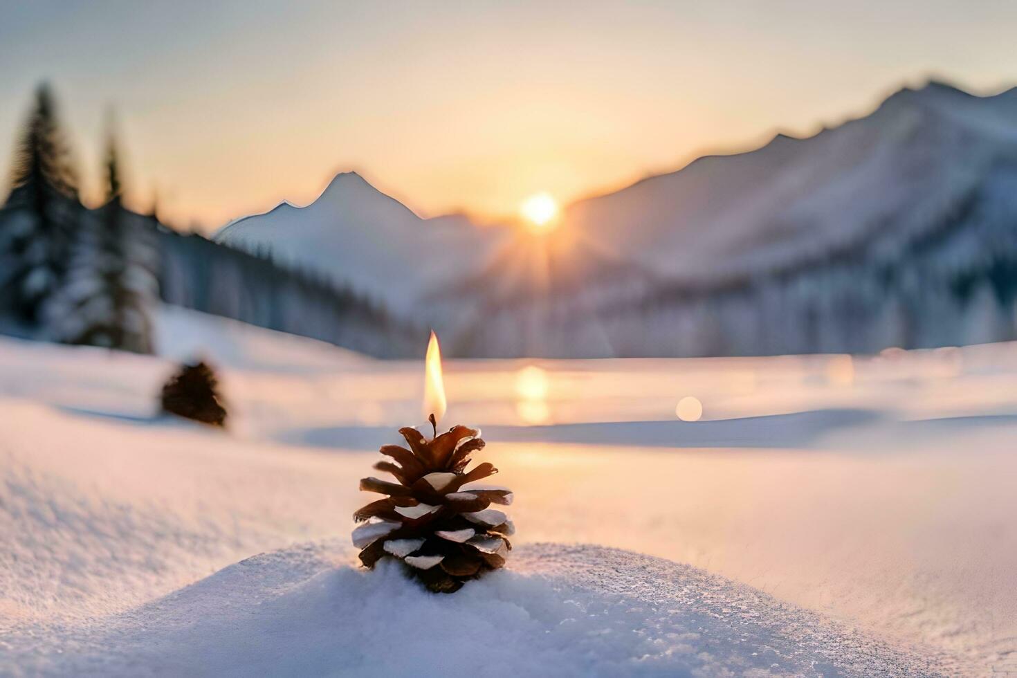 AI generated three red candles are lit in the snow photo