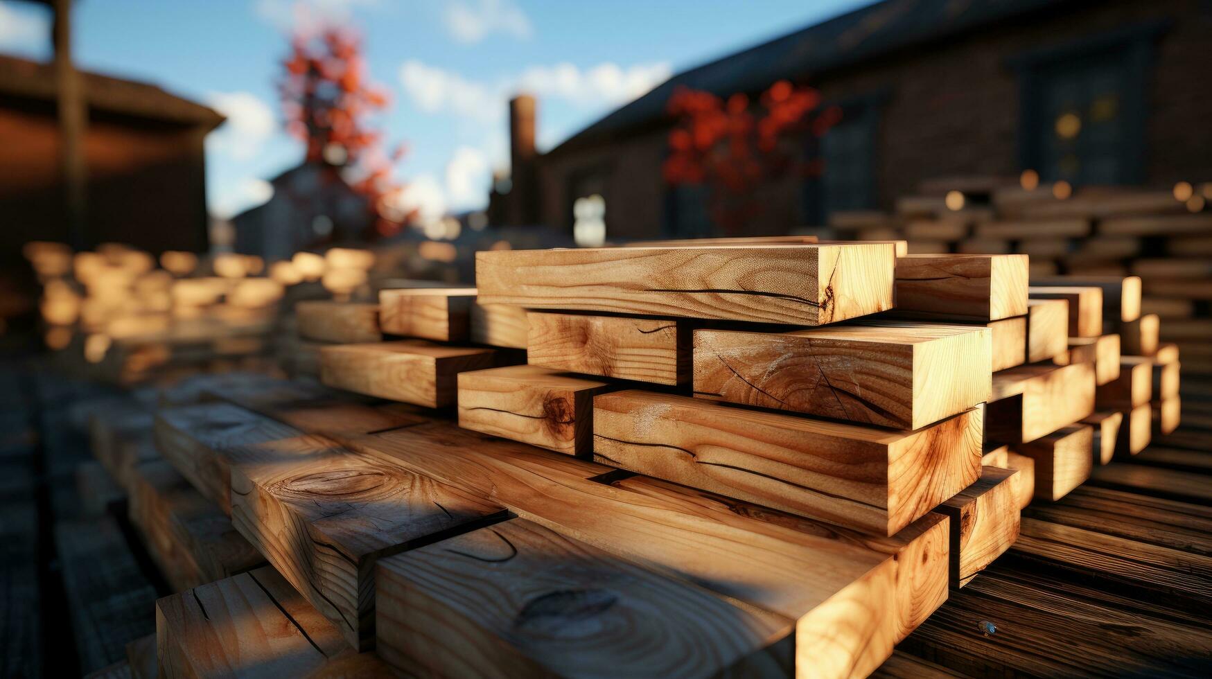 AI generated Natural wooden boards and logs at the sawmill photo