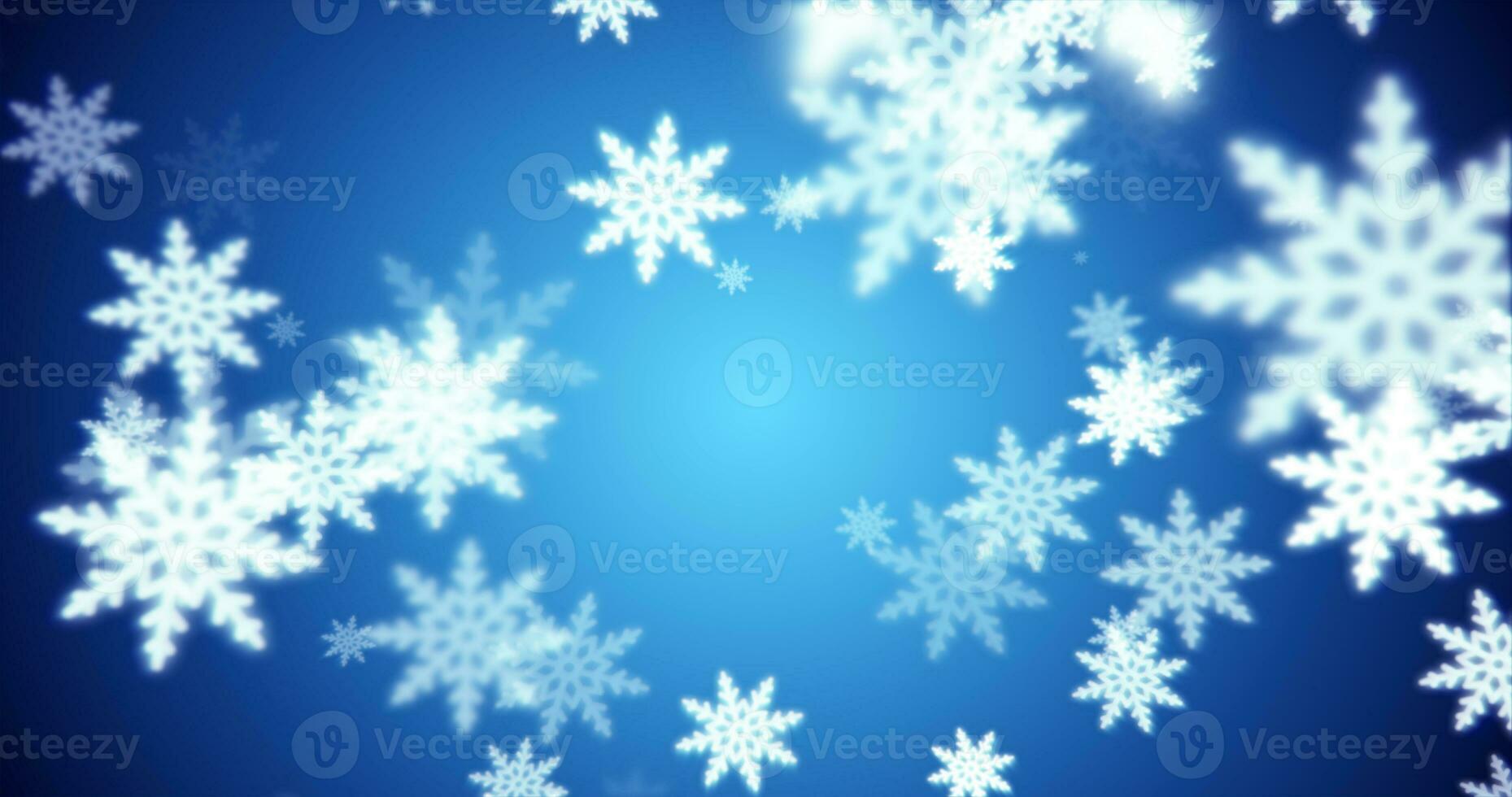 Christmas festive bright New Year background made of white glowing winter beautiful falling flying snowflakes patterns on a blue background photo