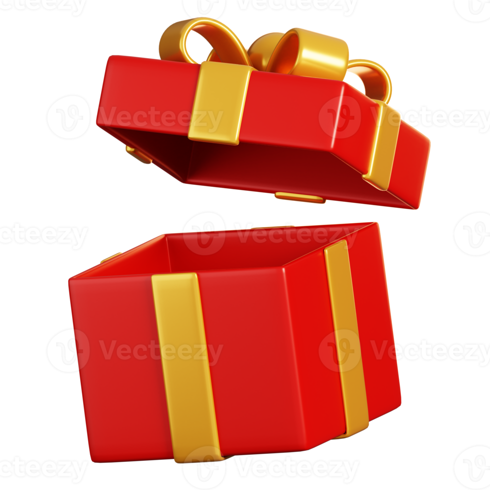 Open red gift box and gold ribbon. Chinese new year elements icon. 3D rendering png