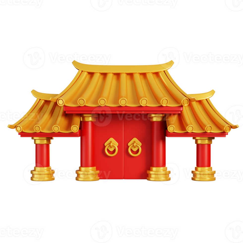 Red gold Chinese gate with door. Chinese new year elements icon. 3D rendering png