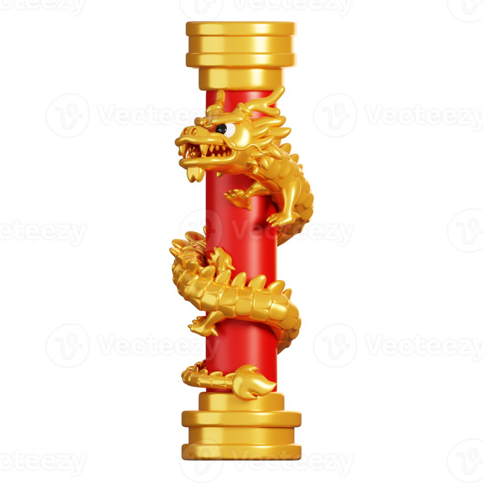 Cartoon golden Chinese dragon on pole. Chinese new year elements icon. 3D rendering png