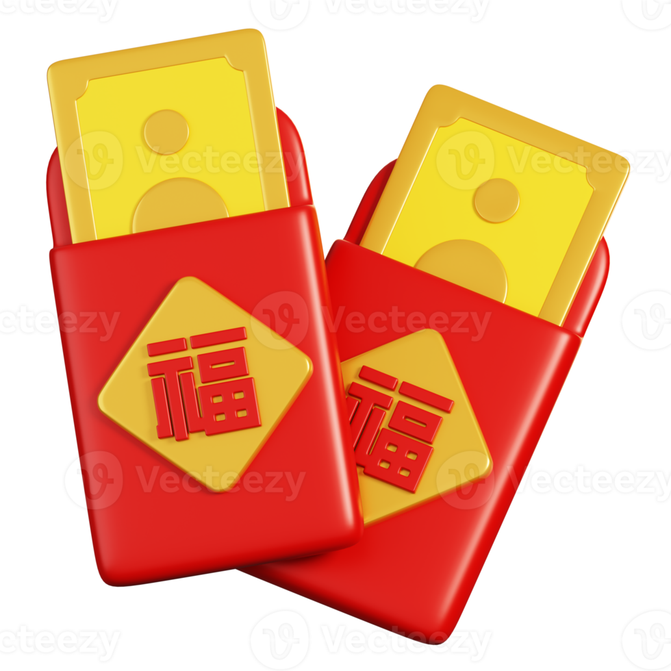 Ang pao red envelope or pocket with blessing word. Chinese new year elements icon. 3D rendering png