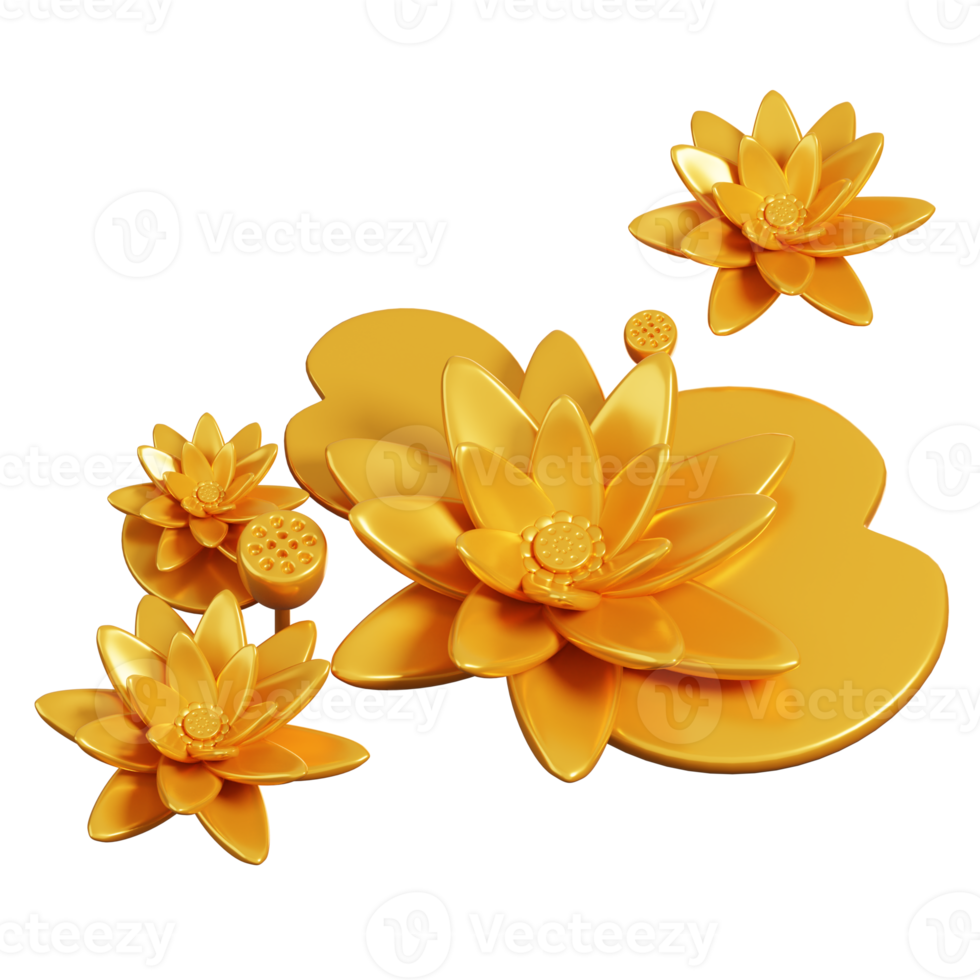 Cartoon golden lotus with leaf. Chinese new year elements icon. 3D rendering png