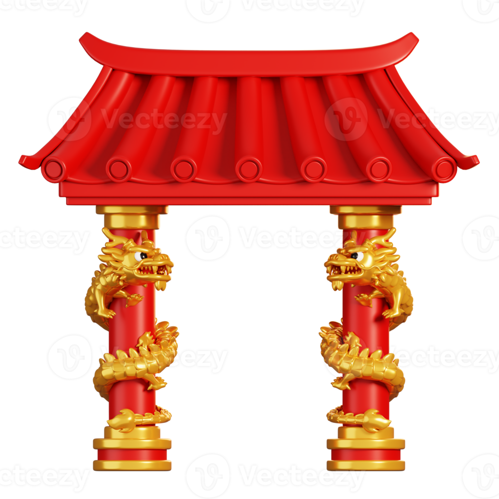 Chinese gate with dragon on pole. Chinese new year elements icon. 3D rendering png