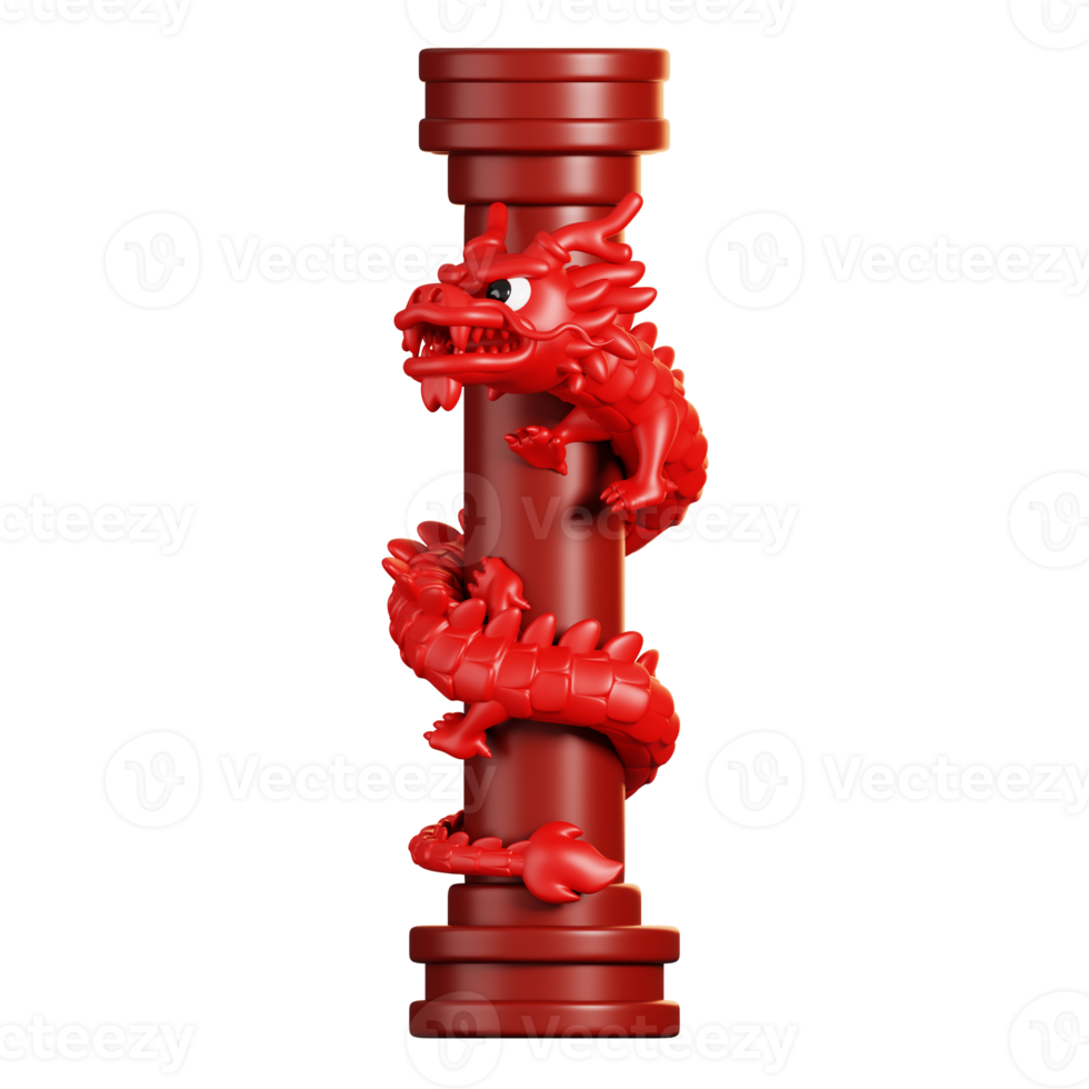 Cartoon red Chinese dragon on pole. Chinese new year elements icon. 3D rendering png