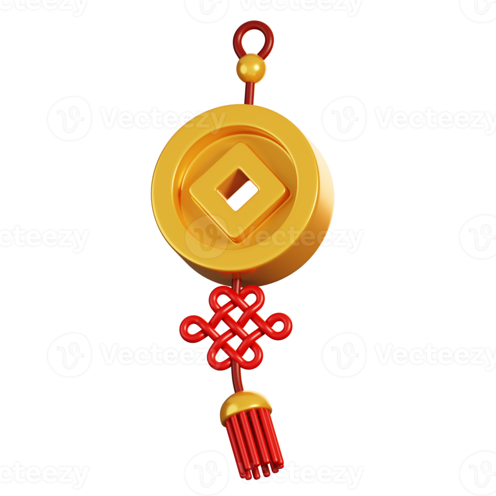 Lucky coin hanging ornament. Chinese new year elements icon. 3D rendering png