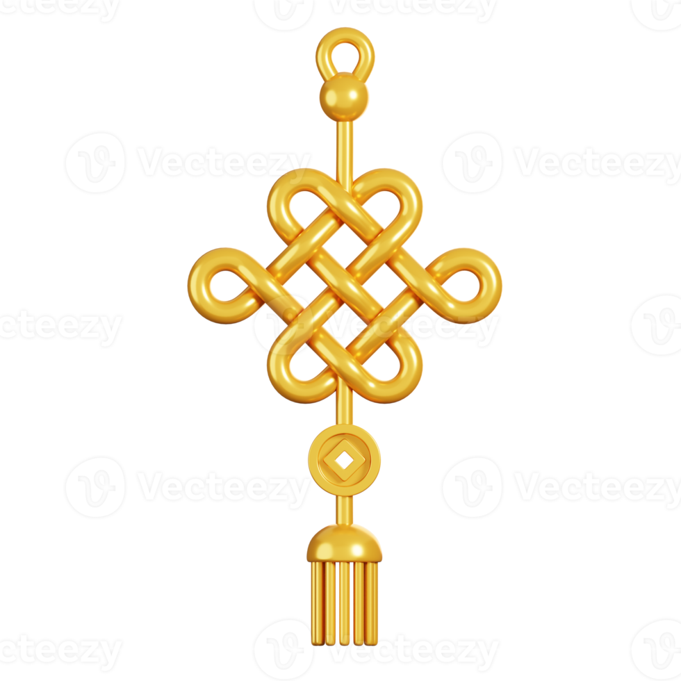 Gold Chinese knot hanging ornament. Chinese new year elements icon. 3D rendering png