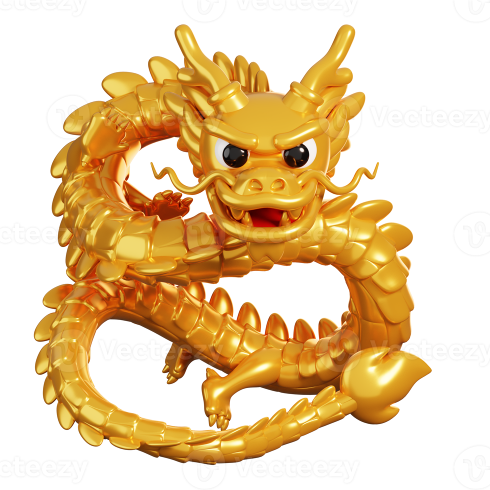 Cartoon golden Chinese dragon. Chinese new year elements icon. 3D rendering. png