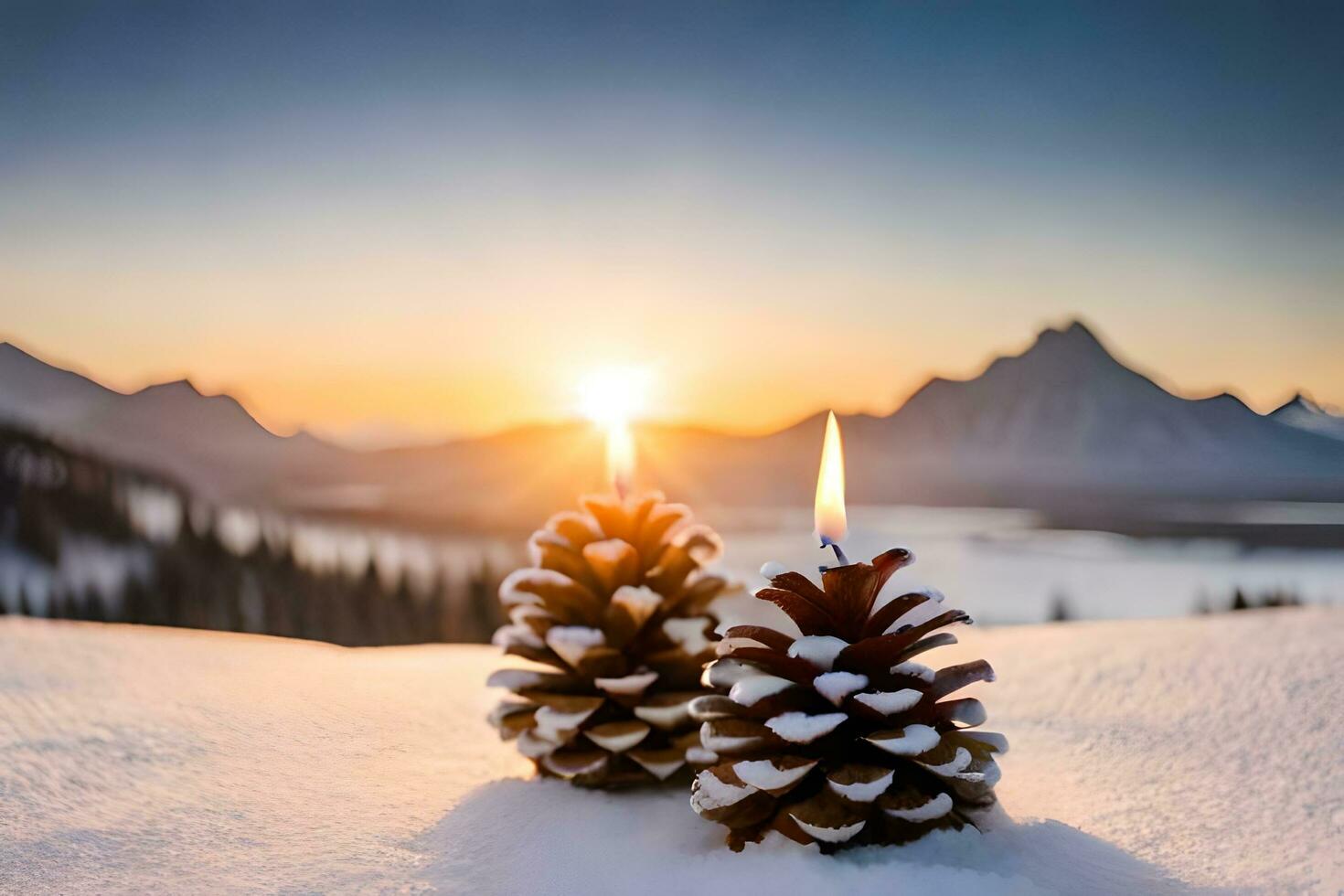 AI generated three red candles are lit in the snow photo