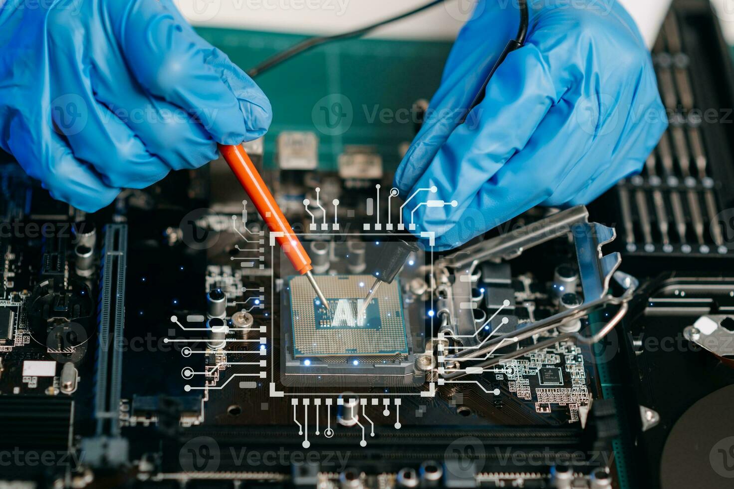 Ai chipset on circuit board in futuristic concept suitable for future technology artwork , Responsive web banner CPU photo