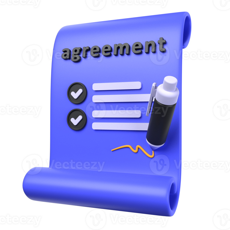 agreement paper of 3d illustration. Investment 3D Concept. checklist, list and golden signature with pen on paper. 3d render png