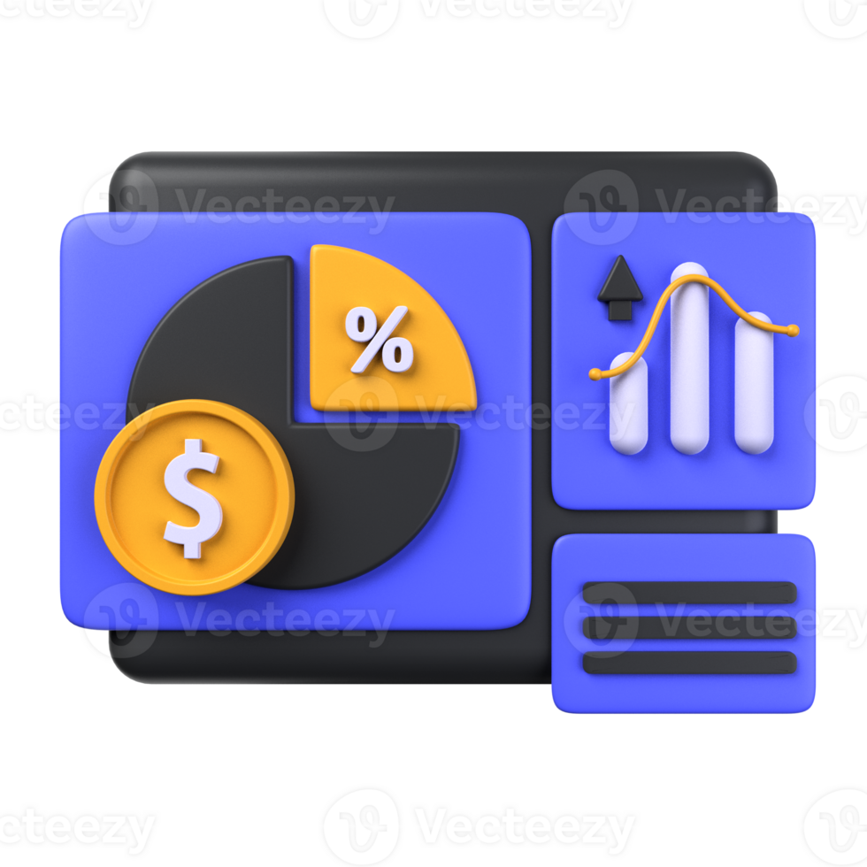 investimento diagramma di 3d illustrazione. investimento 3d concetto. dollaro con torta grafico e tubo, sopra schermo e elenco. 3d rendere png