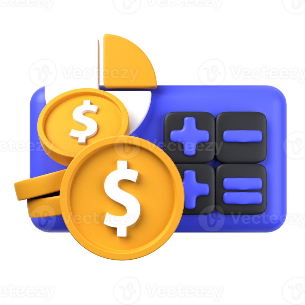 financial calculation of 3d illustration. Investment 3D Concept. dollar coin and pie chart in front of calculating calculator. 3d render png