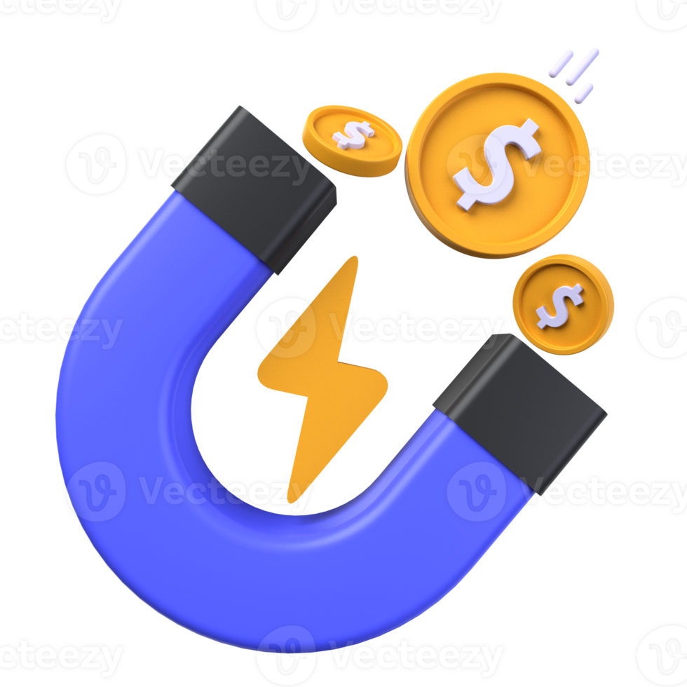 attraction money of 3d illustration. Investment 3D Concept. The magnet attracts dollar bills with great force and speed. 3d render png