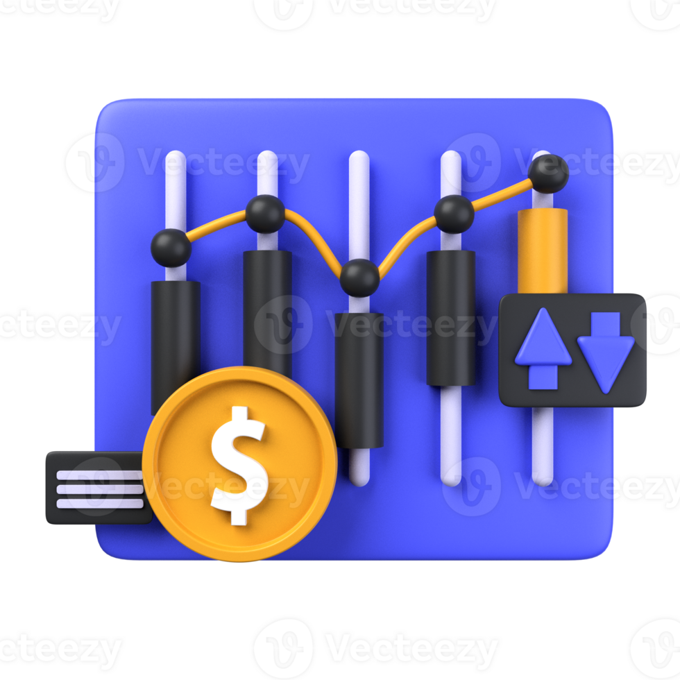 stock market of 3d illustration. Investment 3D Concept. bar chart blue board with dollar coin and up and down sign. 3d render png