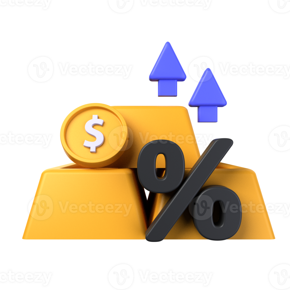 Gold Investition von 3d Illustration. Investition 3d Konzept. Dollar Münze und 3 Gold Riegel mit Prozent Zeichen, zwei oben Pfeile. 3d machen png