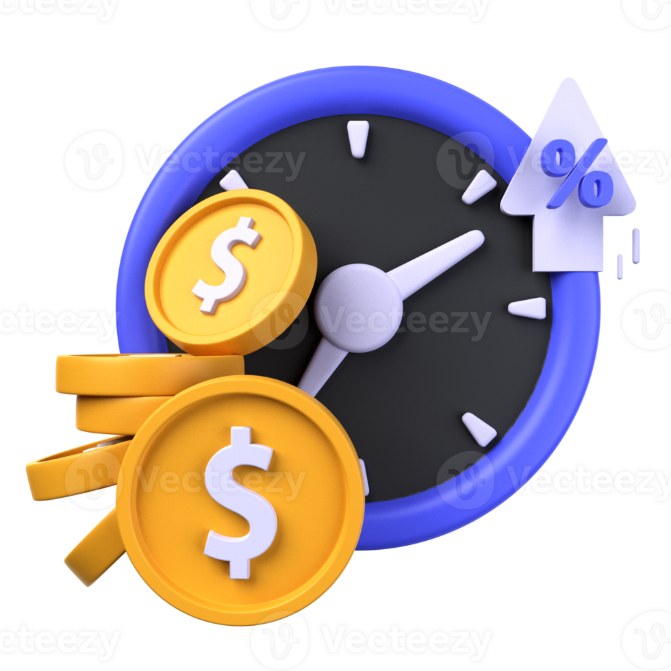 long term investment of 3d illustration. Investment 3D Concept. blue clock with gold dollar coin and up arrow percent sign. 3d render png