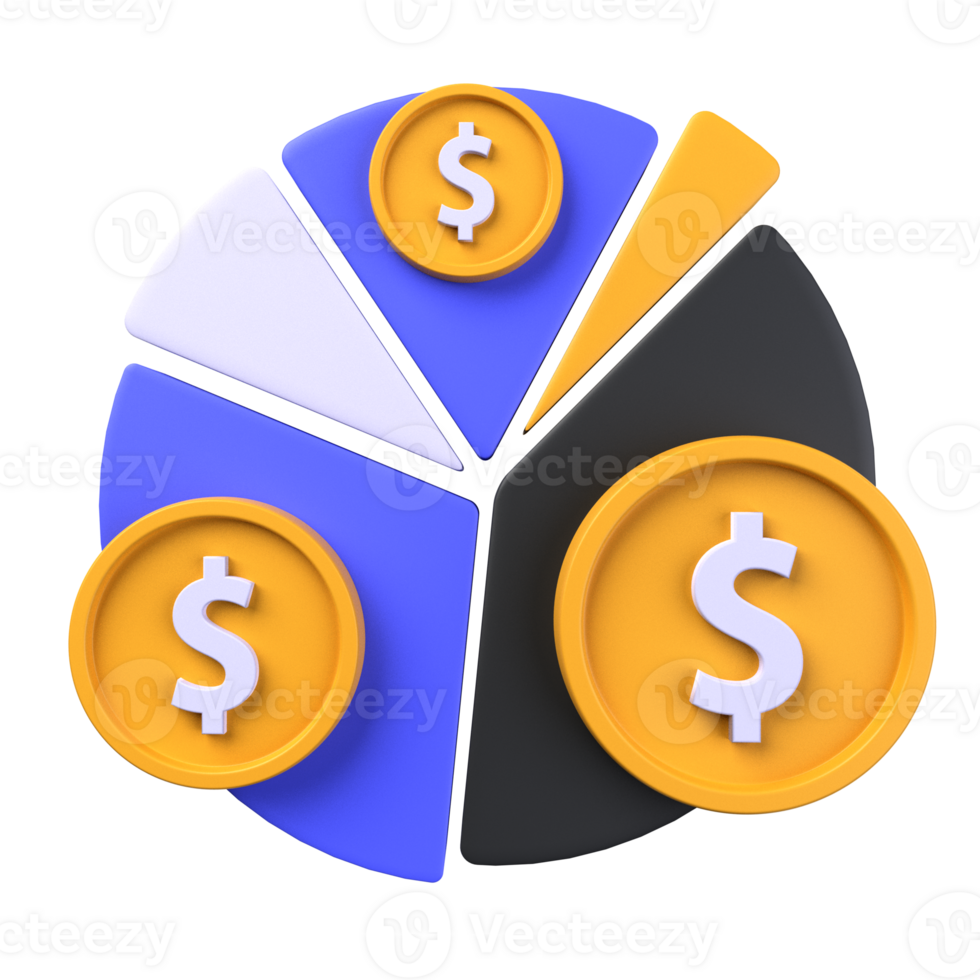 asset allocation of 3d illustration. Investment 3D Concept. The dollar in front of the pie chart is divided by five. 3d render png