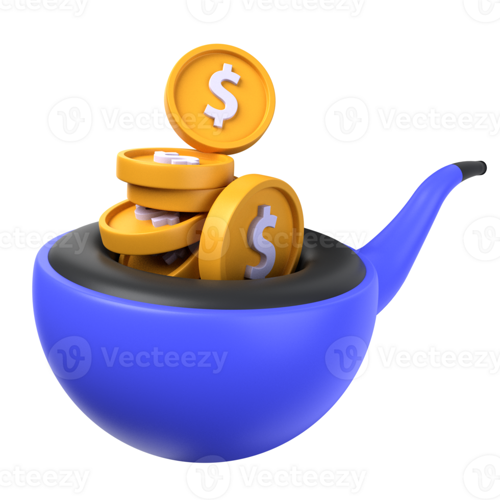 retirement savings of 3d illustration. Investment 3D Concept. a blue cigar with a few gold dollar coins in it. 3d render png