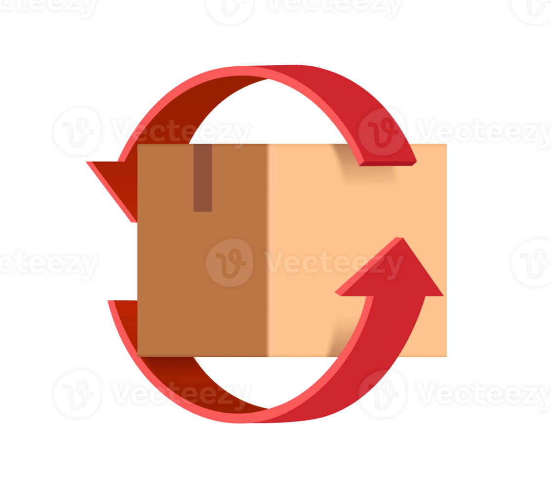 red arrow rotates around parcel box or cardboard box to represent recycling of paper or to signify that parcel box is being returned to sender ,png 3d transparent png
