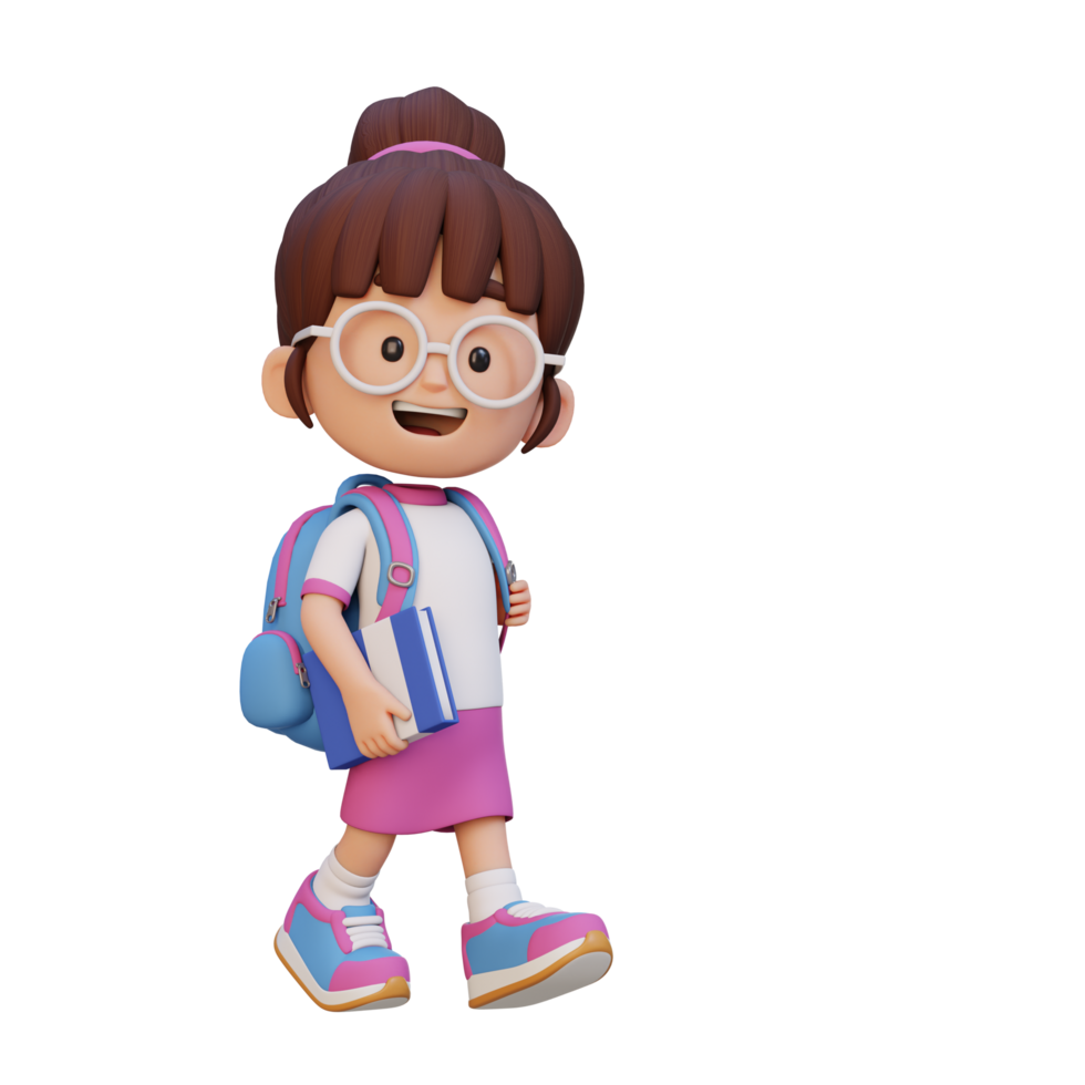 3D happy girl character walking go to school holding book png