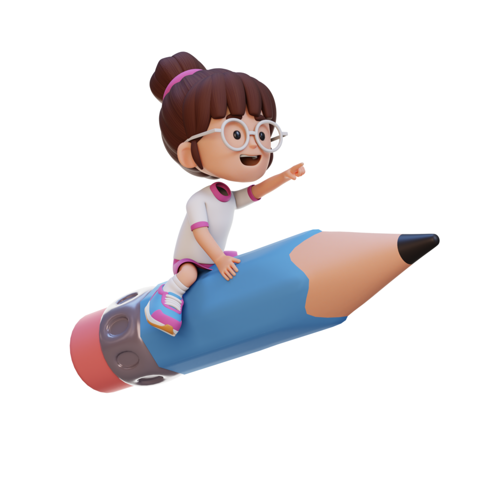 3D girl character riding a pencil and pointing hand png