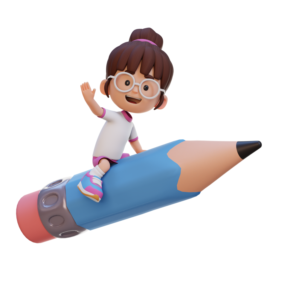 3D girl character riding a pencil and waving hand png