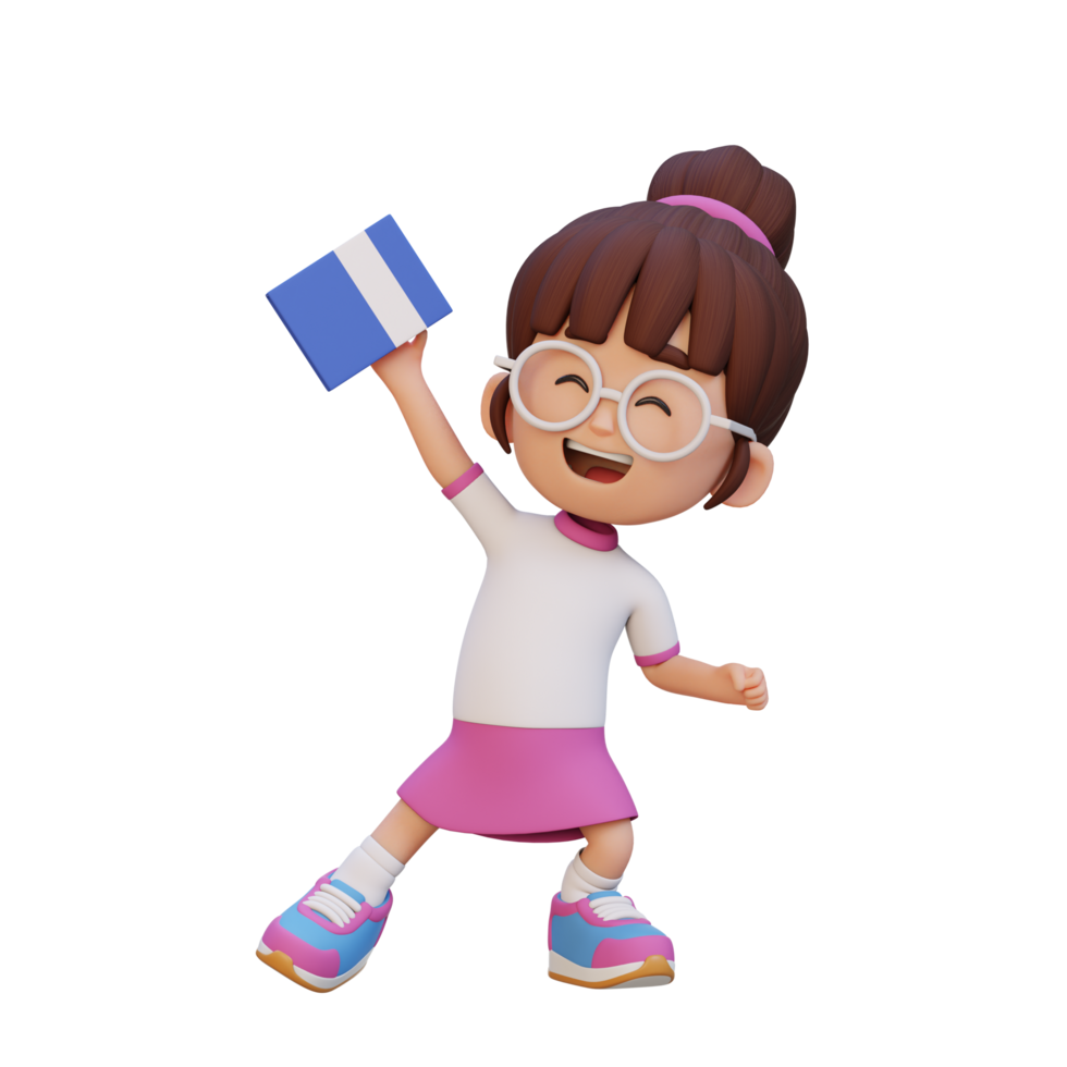 3D happy girl character holding book png