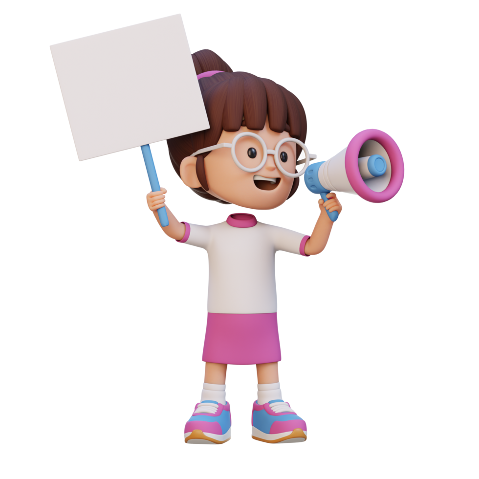 3D girl character holding a blank placard png