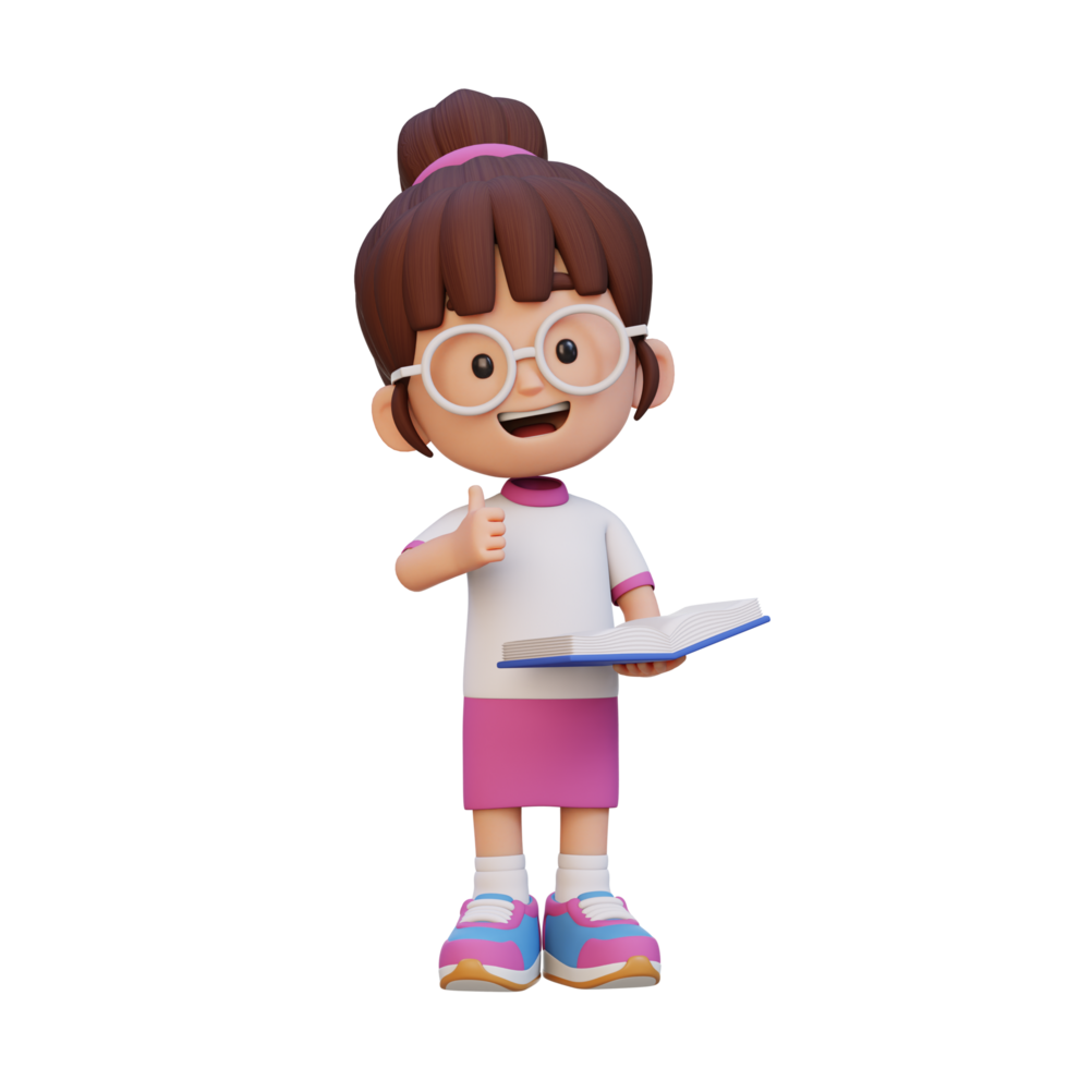 3D happy girl character reading book png