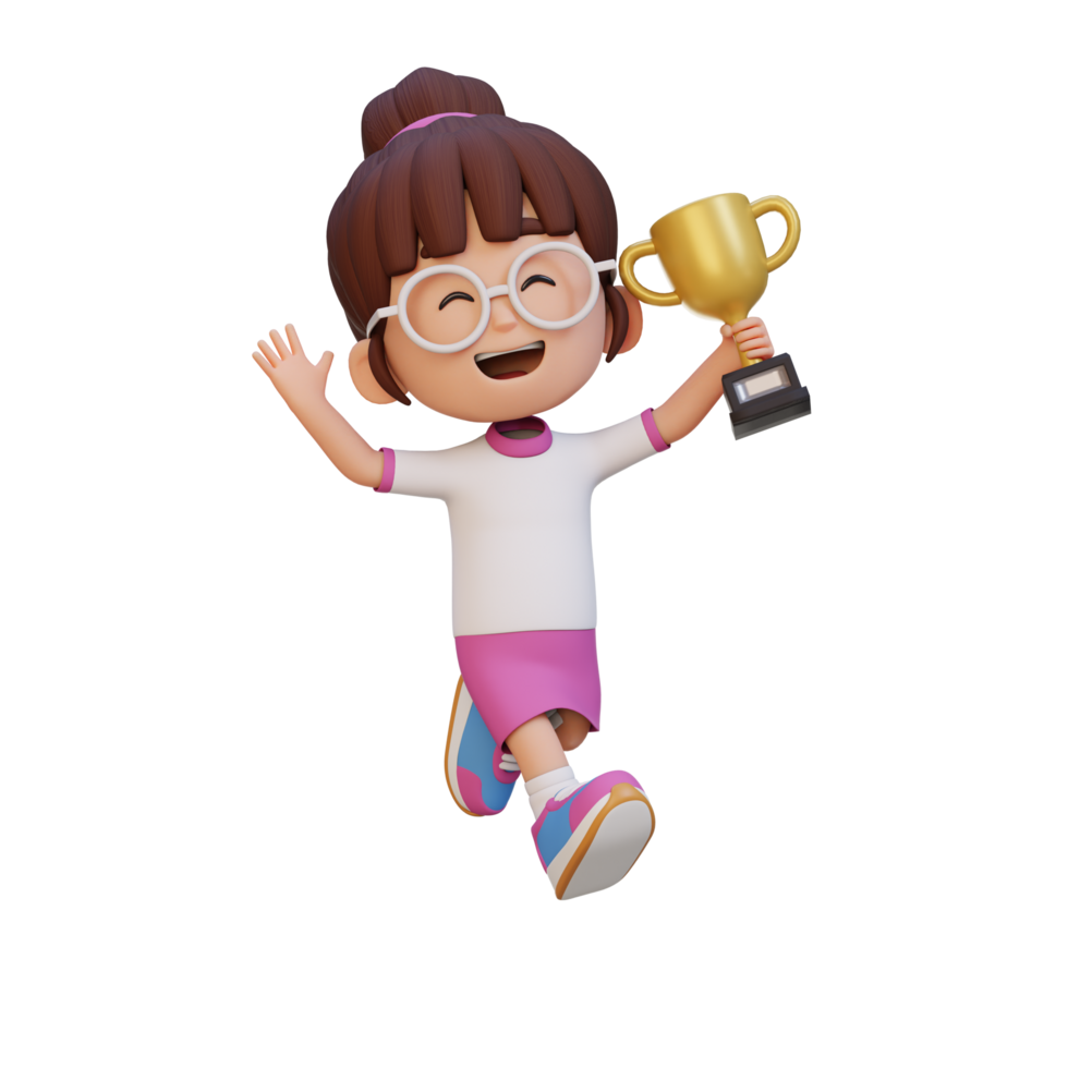 3d flicka karaktär fira vinna innehav en trofén png