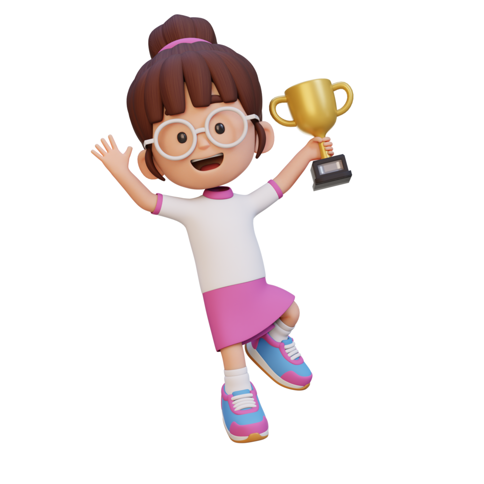 3D girl character celebrating win holding a trophy png