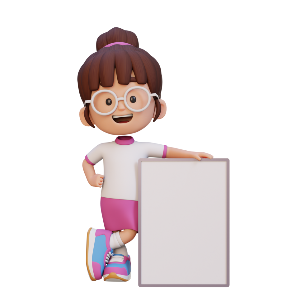 3D girl character holding a blank placard png