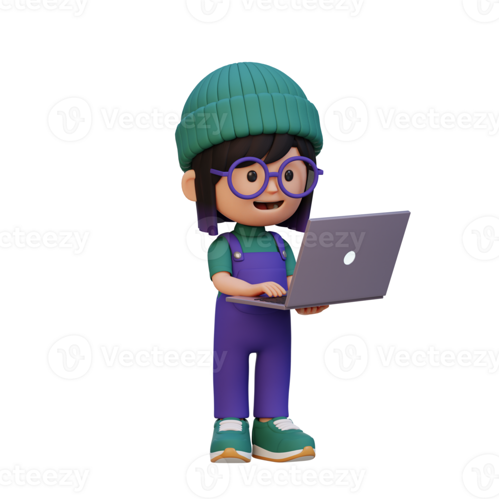 3D girl Character working on a Laptop png