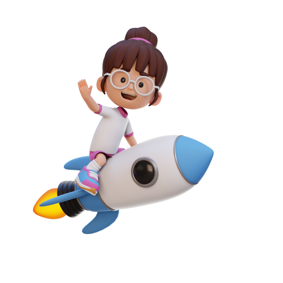 3D girl character riding a rocket and waving hand png