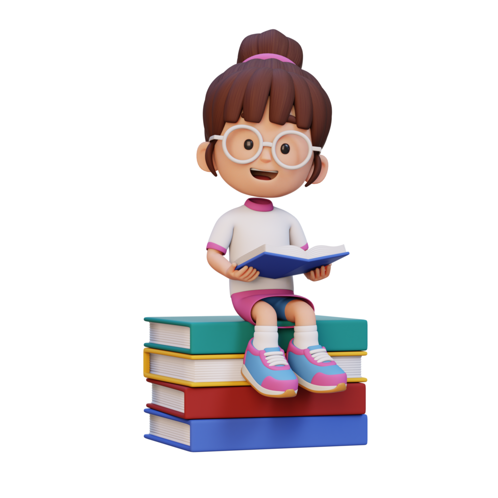 3d contento niña personaje leyendo libro png