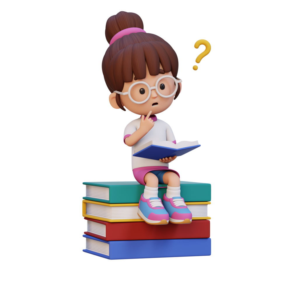 3d menina personagem pegue confuso quando lendo uma livro png