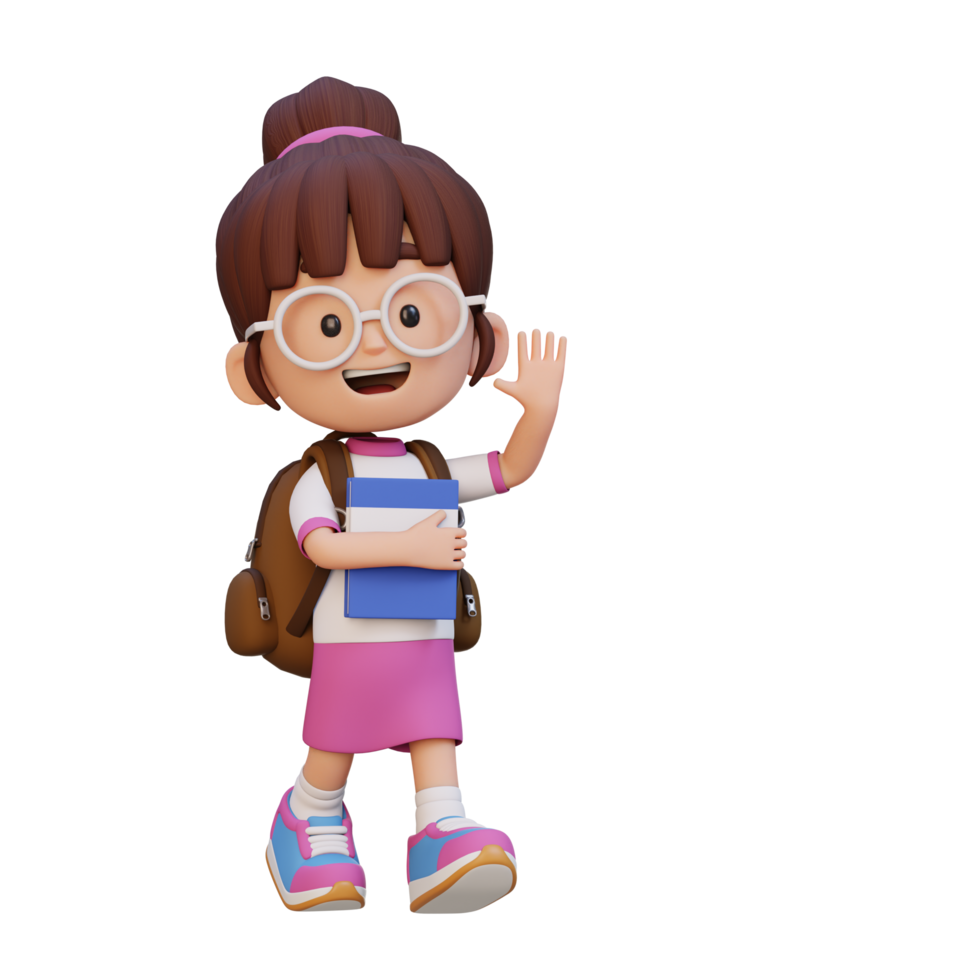3D happy girl character walking go to school holding book and waving hand png