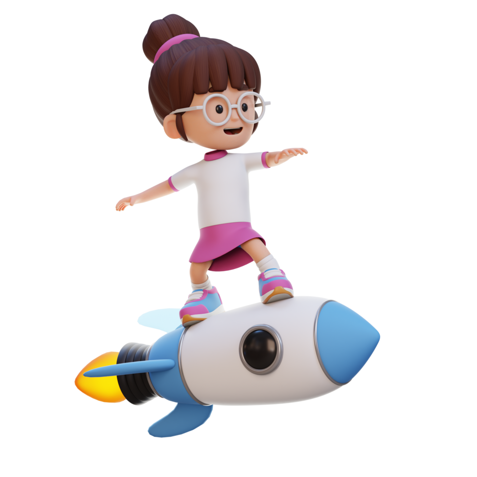 3d menina personagem em pé equitação uma foguete png