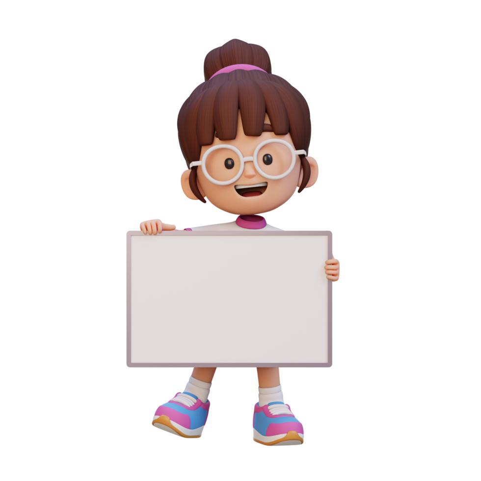 3D girl character holding a blank placard png