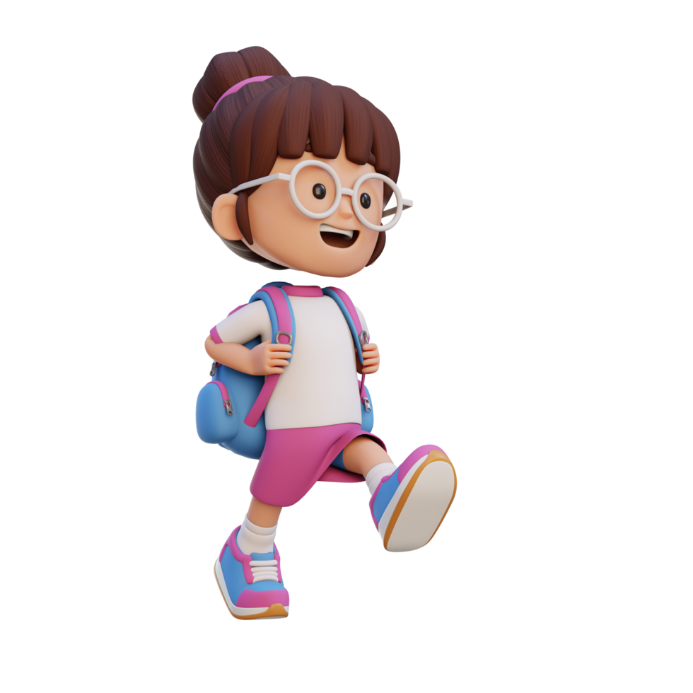 3D happy girl character walking go to school holding bag png