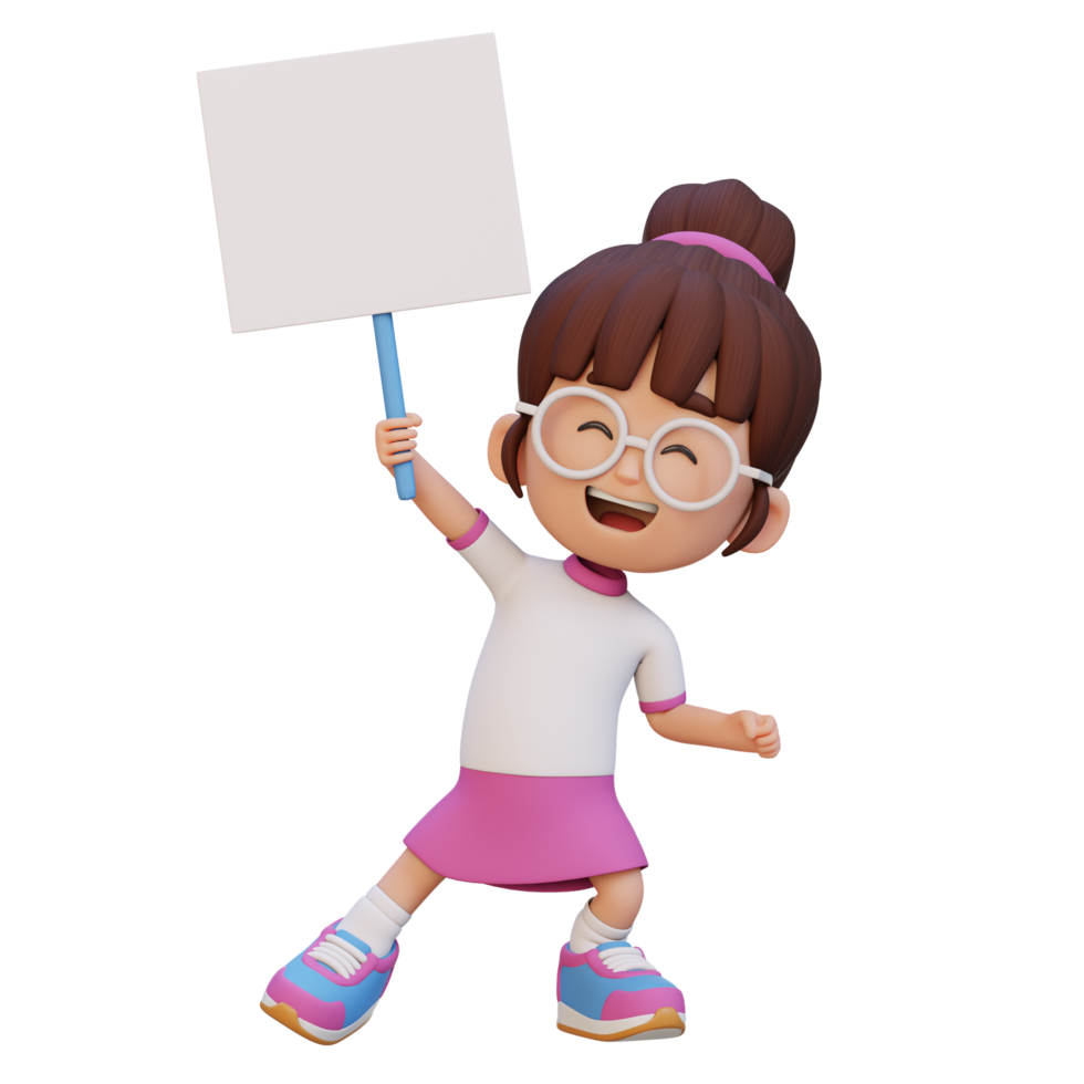 3D girl character holding a blank placard png