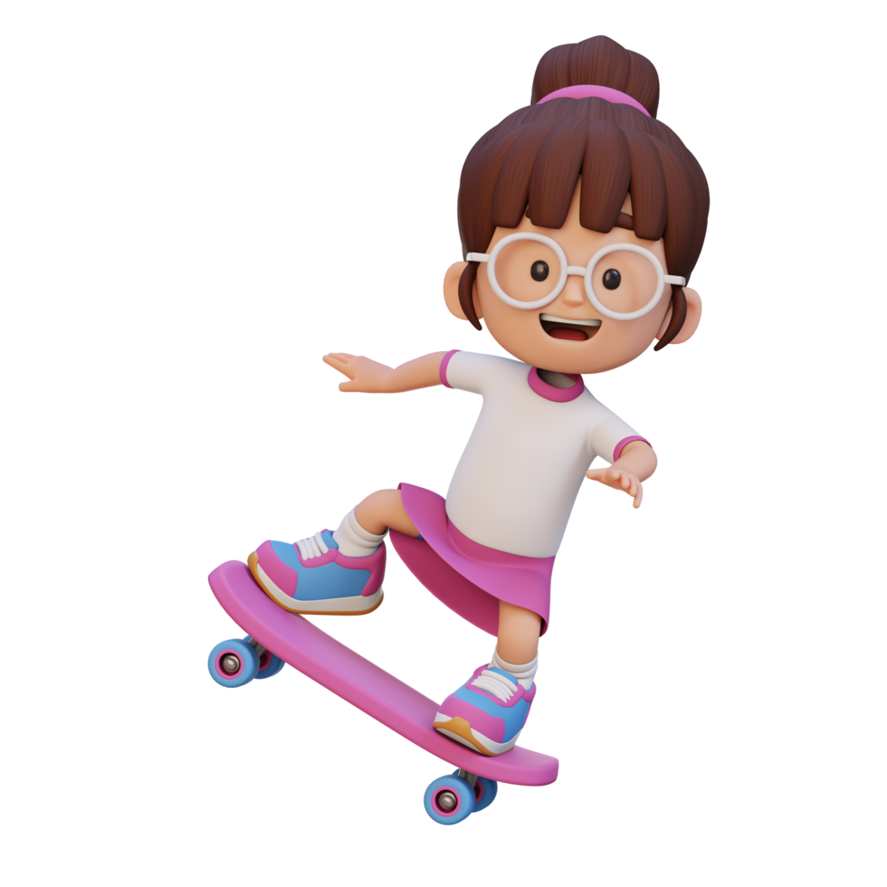 3d ragazza personaggio cavalcata skateboard png